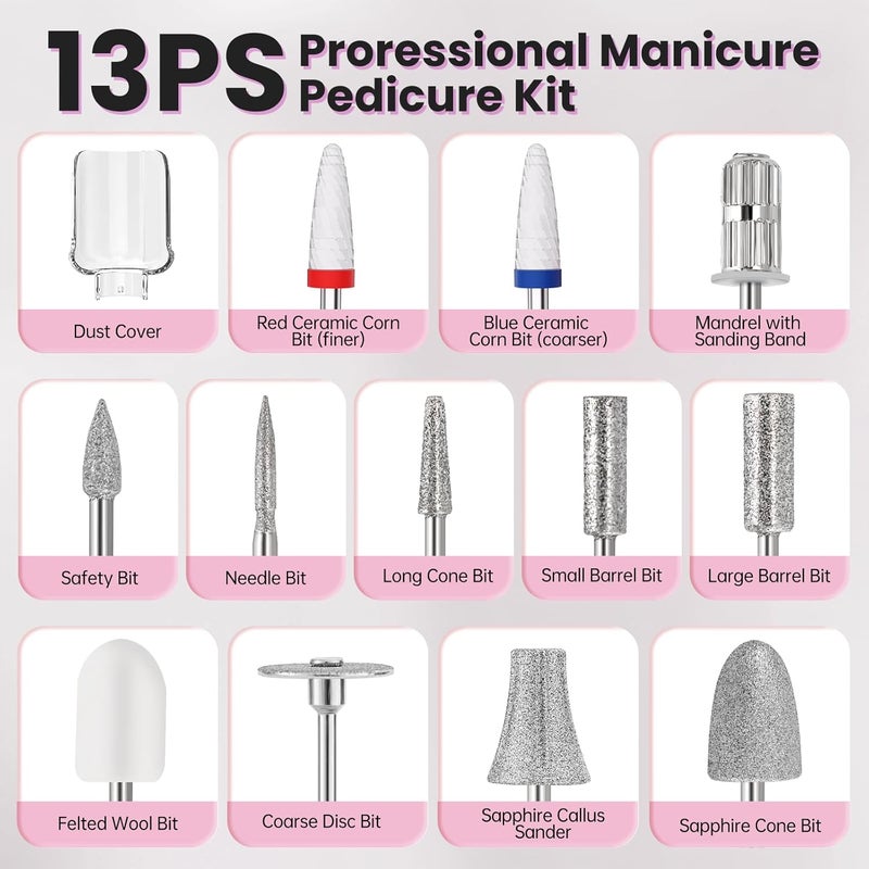 VFD Electric Nail Drill, Cordless 2000 mAh Rechargeable Portable Nail File 12 in 1 Kit for Thick Toenails, 10 Speeds Nail Dril Machine Professional Manicure Pedicure for Hand Natural Nails Care (Pink) - Image 5